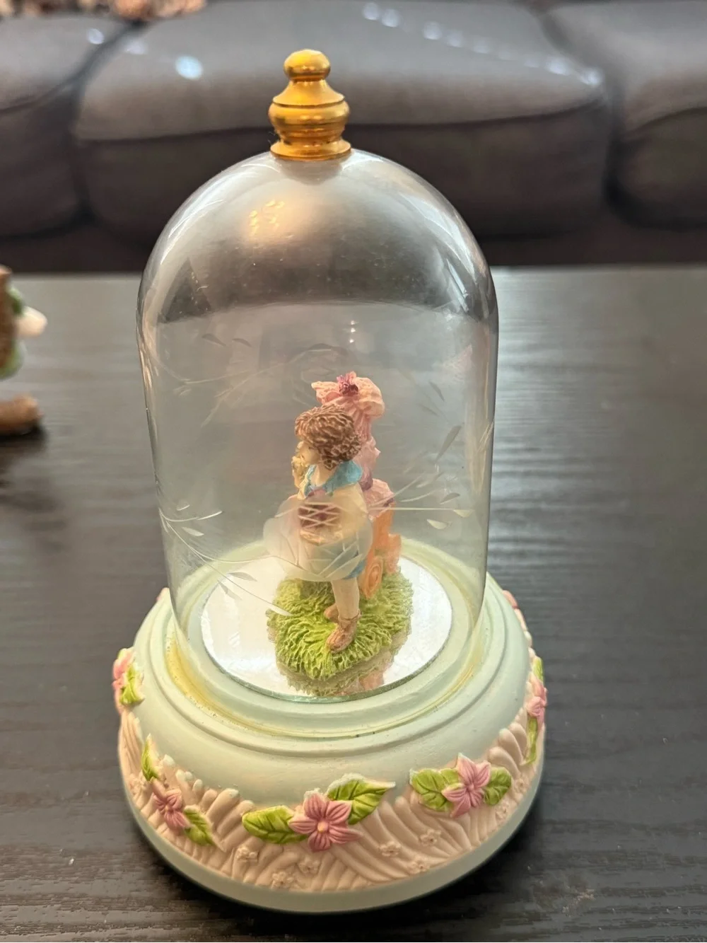 Glass Dome Cloche Couple Figurine Painted Floral Base Multicolor Romantic
